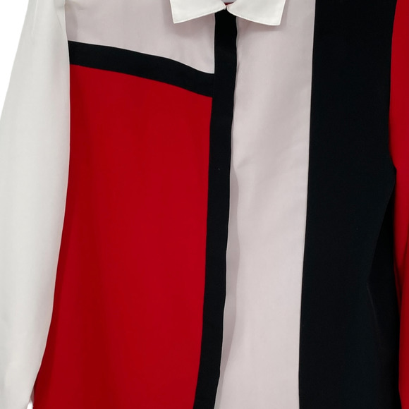 Vintage 80s 90s Red and Black Color Block Long Sleeve Collared Blouse - Picture 3 of 7